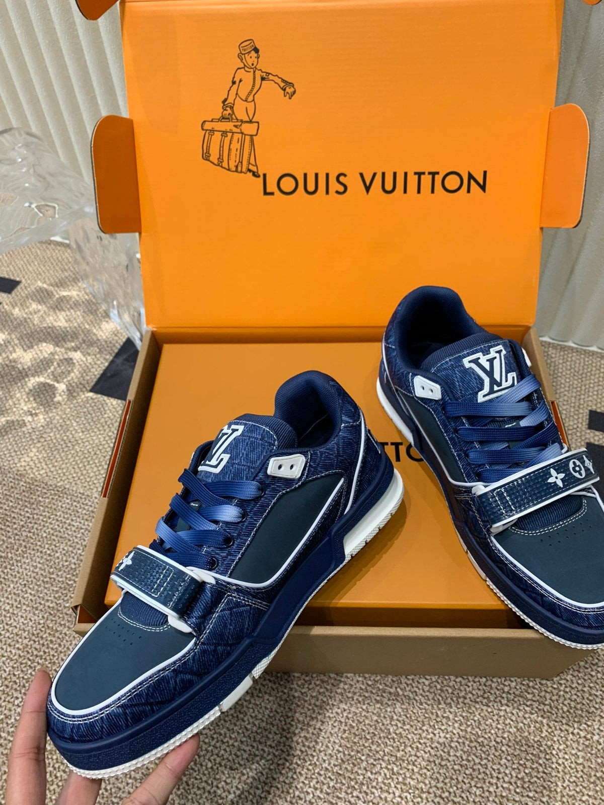 LV Women Navy Canvas Leather Sneakers