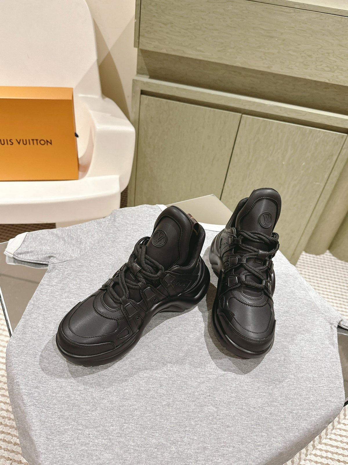 LV Women Black Leather Sporty Chunky Sneakers