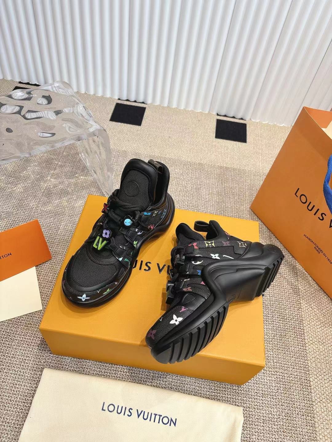 LV Women Black Mesh Multicolor Logo Sneakers