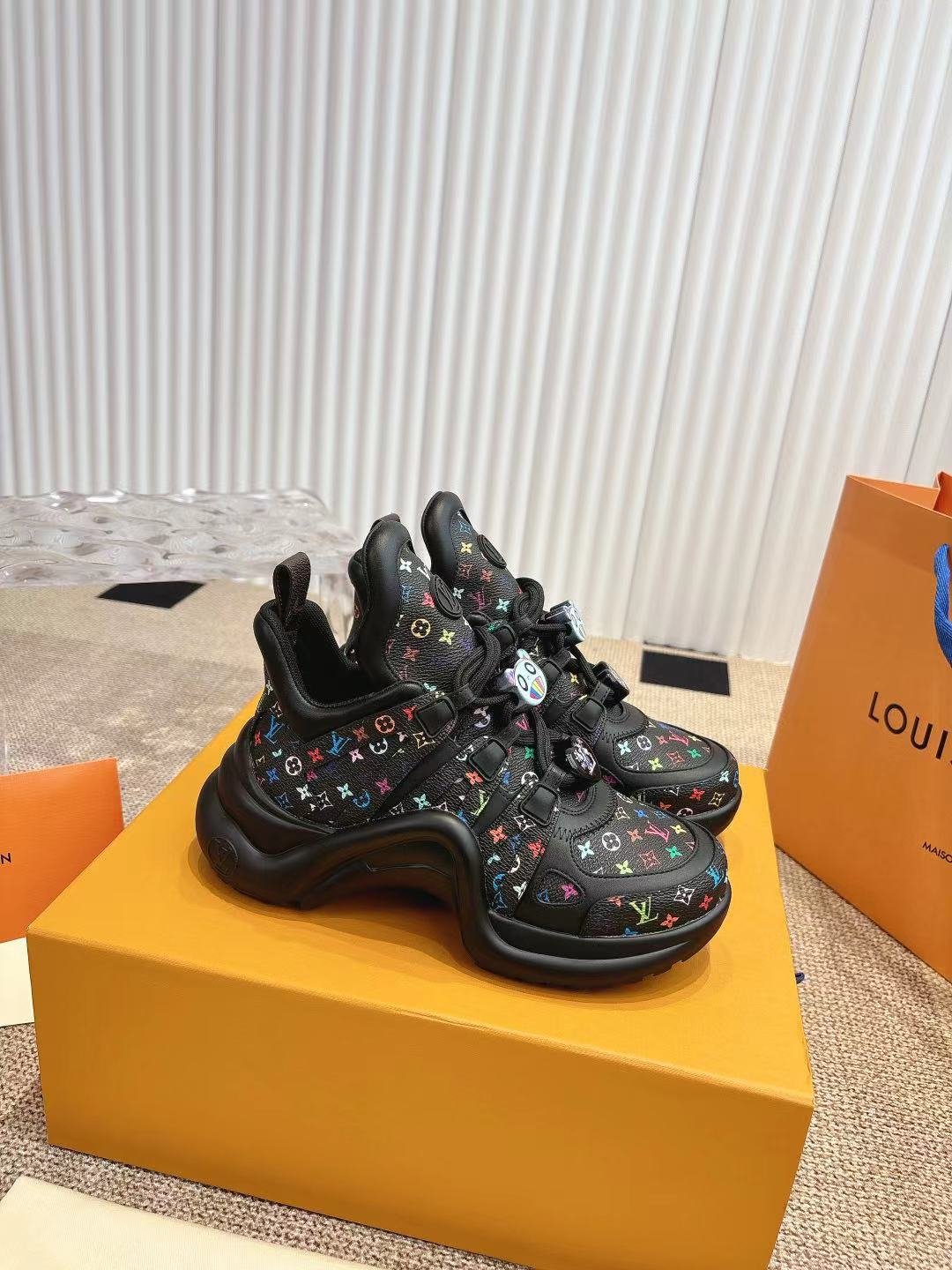 LV Women Black Leather Multicolor Logo Sneakers