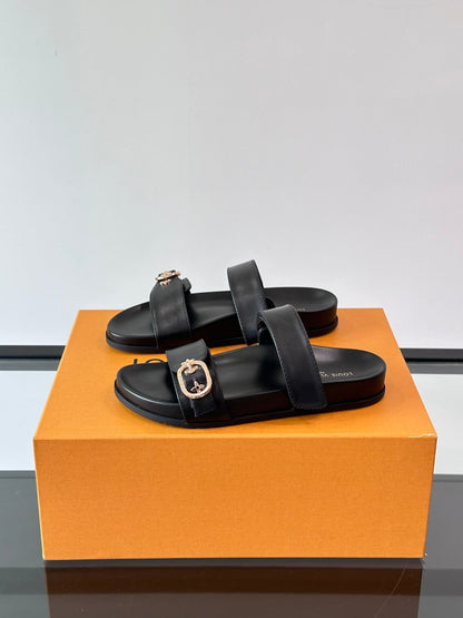 LV Men Black Leather Slides