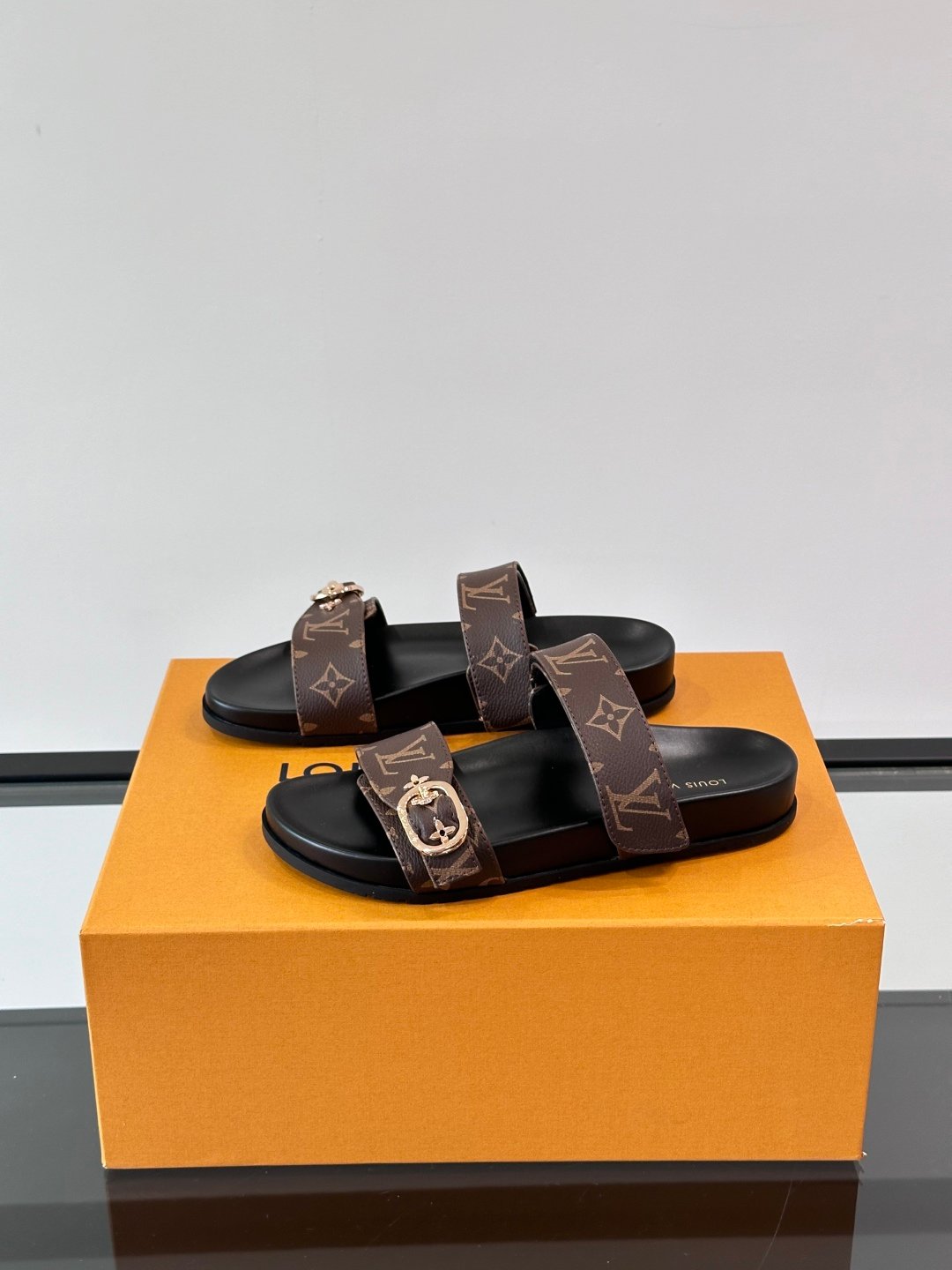 LV Men Brown Leather Logo Print Sandals