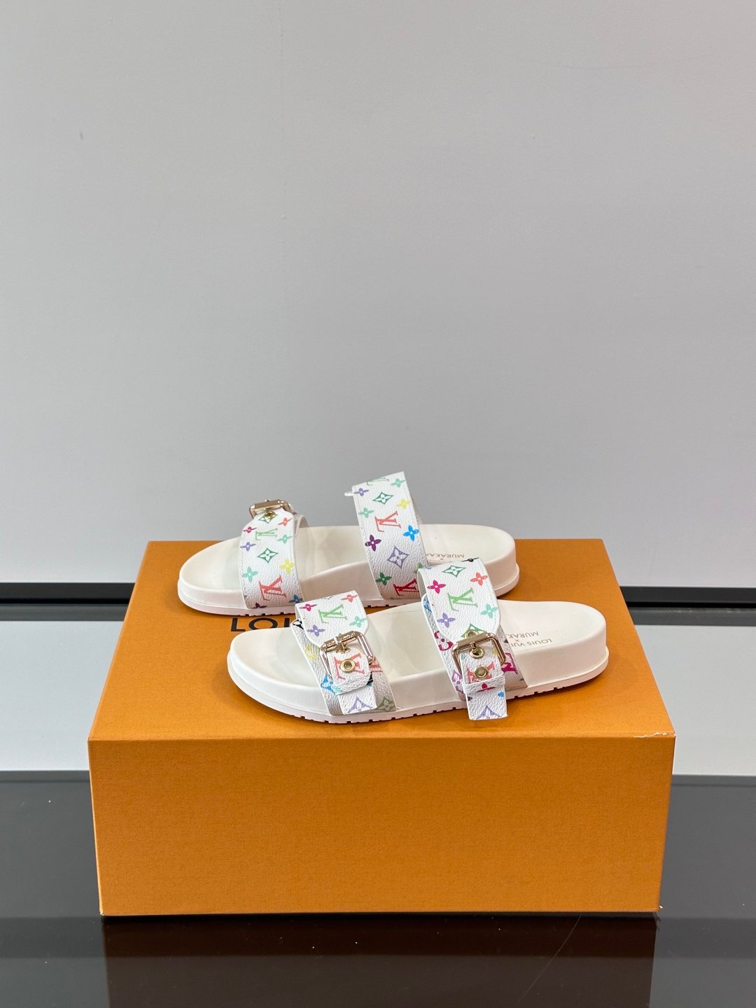 LV Men White Multicolor Pattern Leather Sandals