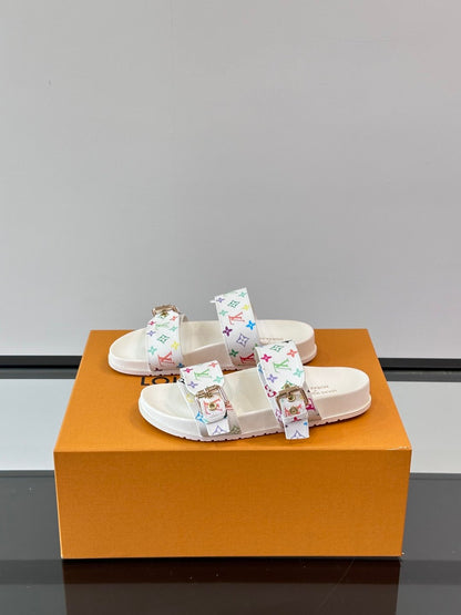 LV Men White Multicolor Pattern Leather Sandals