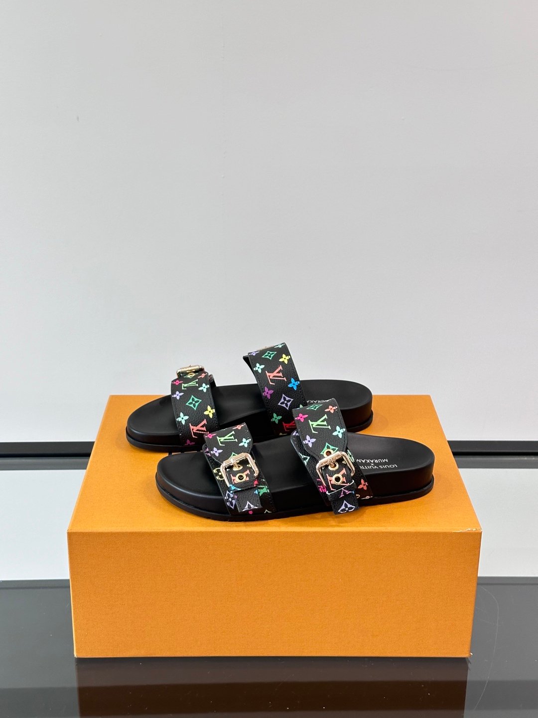 LV Men Black Leather Multicolor Monogram Slides