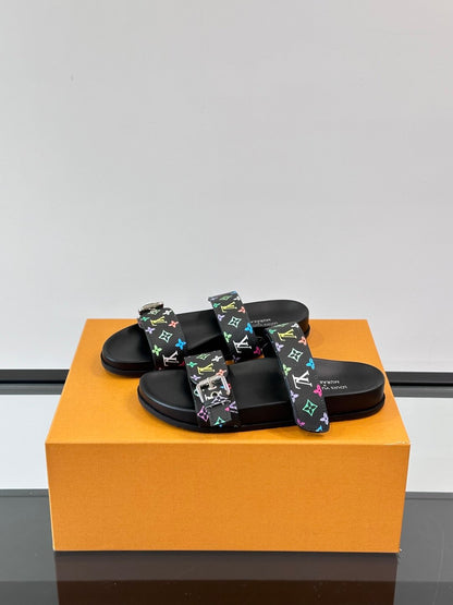 LV Men Black Multicolor Canvas Straps Sandals