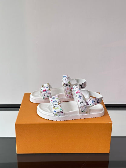LV Men White Canvas Multicolor Logo Sandals