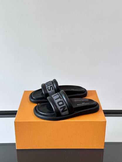 LV Men Black Fabric Strap Slide Sandals