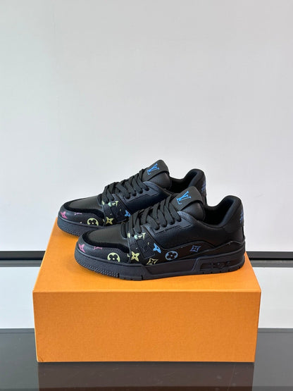 LV Men Black Leather Sneakers With Multicolor Accents