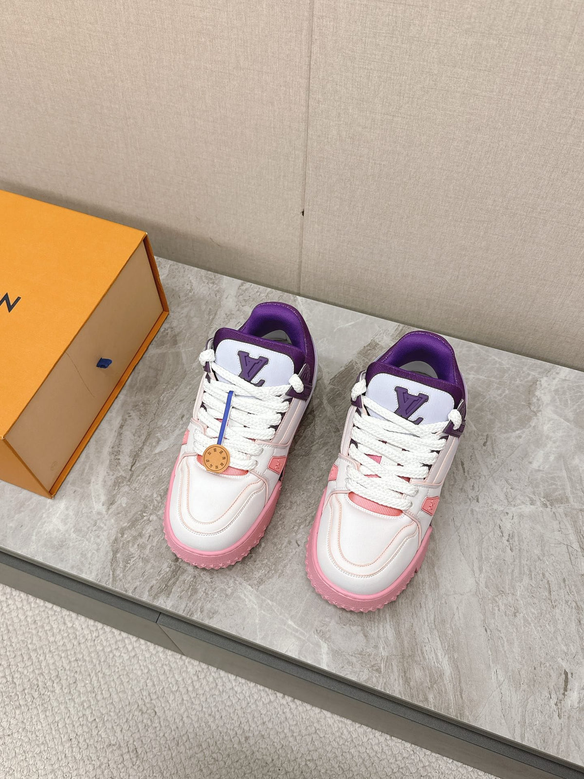 LV Women White Pink Purple Leather Sneakers
