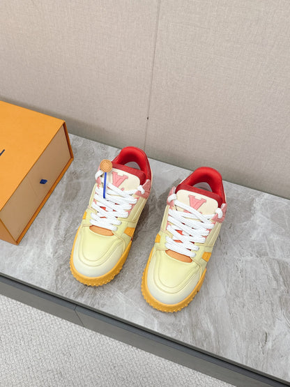 LV Women Yellow Leather Orange Accent Sneakers