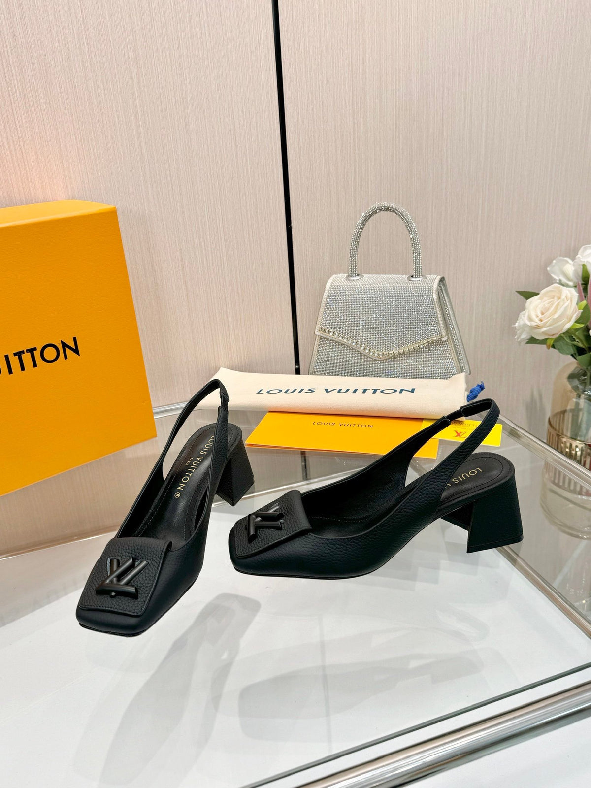 LV Women Black Leather Slingback Heels