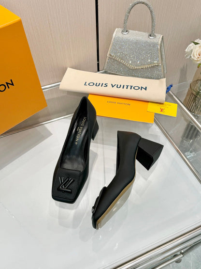 LV Women Black Leather Heels