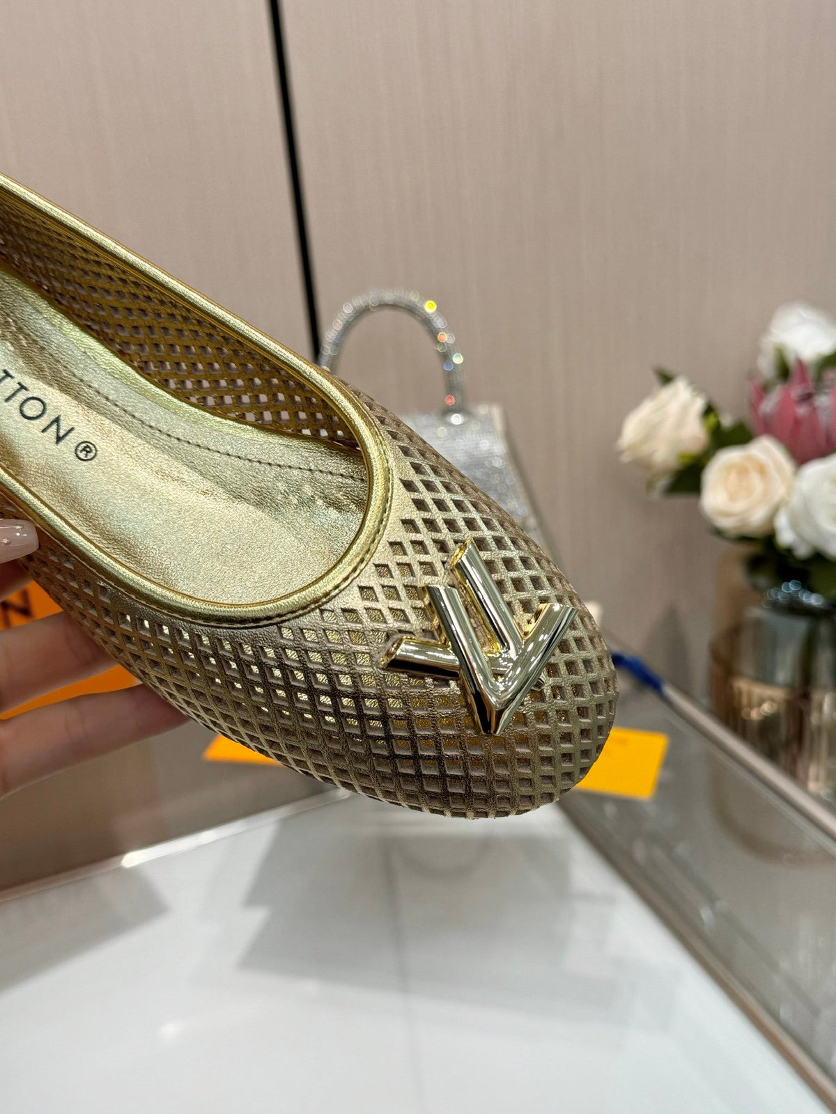 LV Women Gold Metallic Mesh Ballet Flats