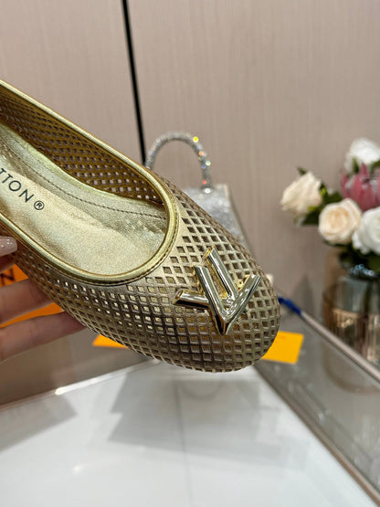 LV Women Gold Metallic Mesh Ballet Flats