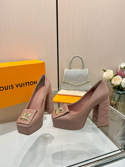 LV Women Pink Leather Quilted Block Heels