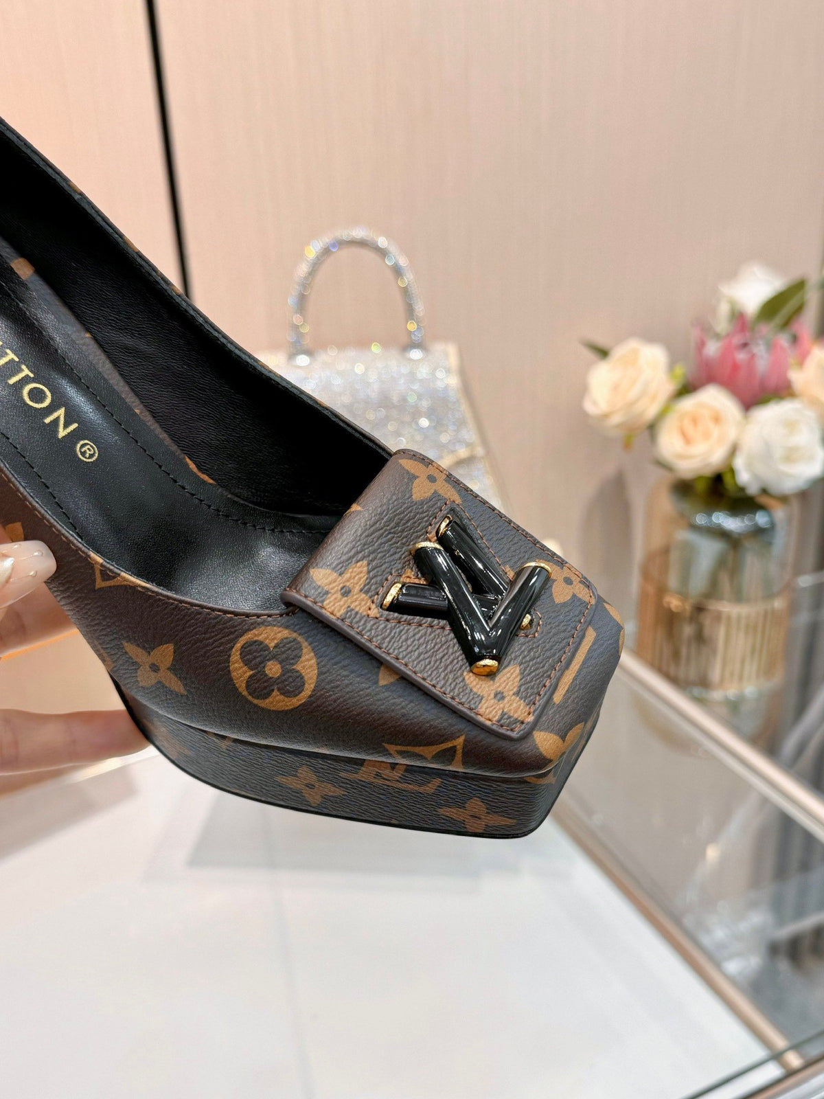 LV Women Brown Leather Platform Heels