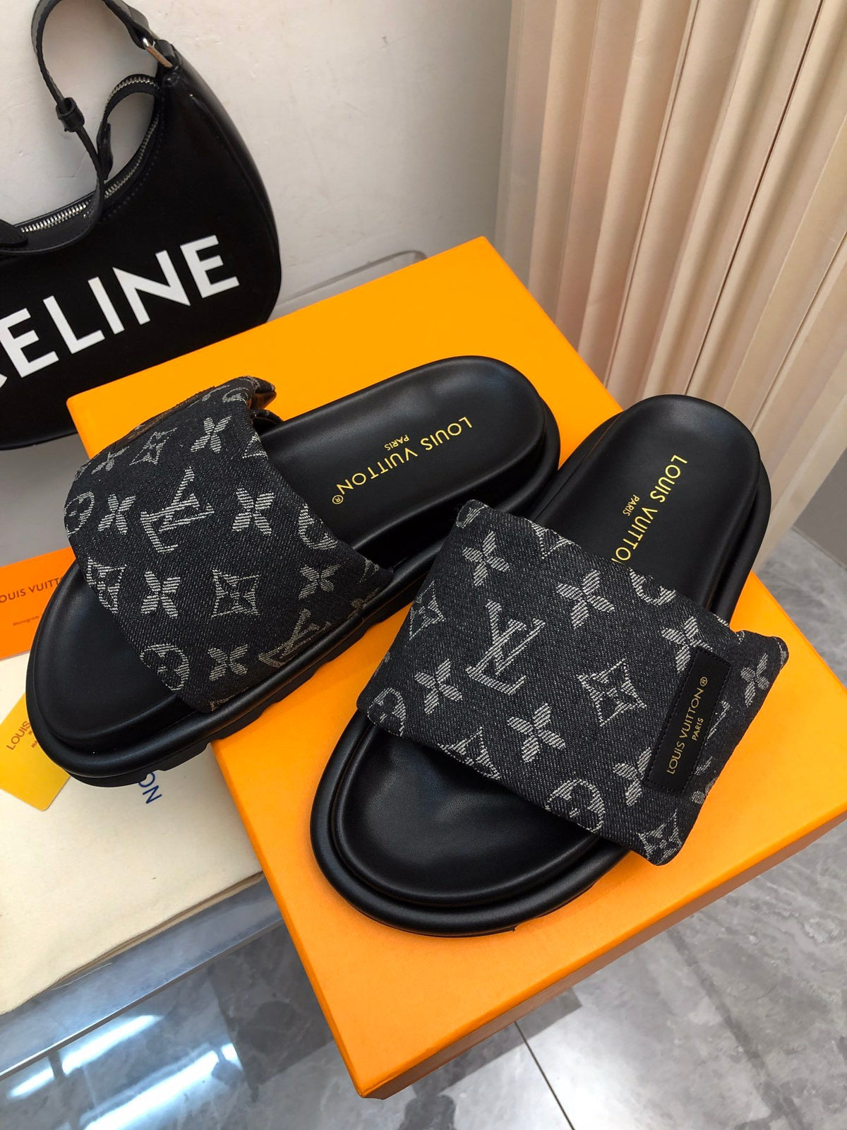 LV Women Black Canvas Monogram Slide Sandals