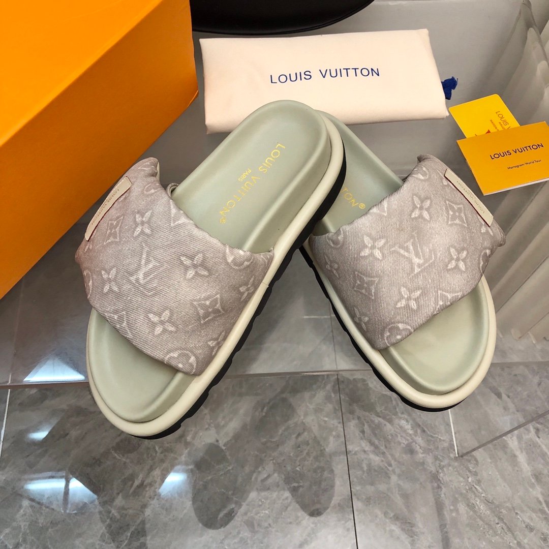 LV Women Light Gray Fabric Slides Sandals