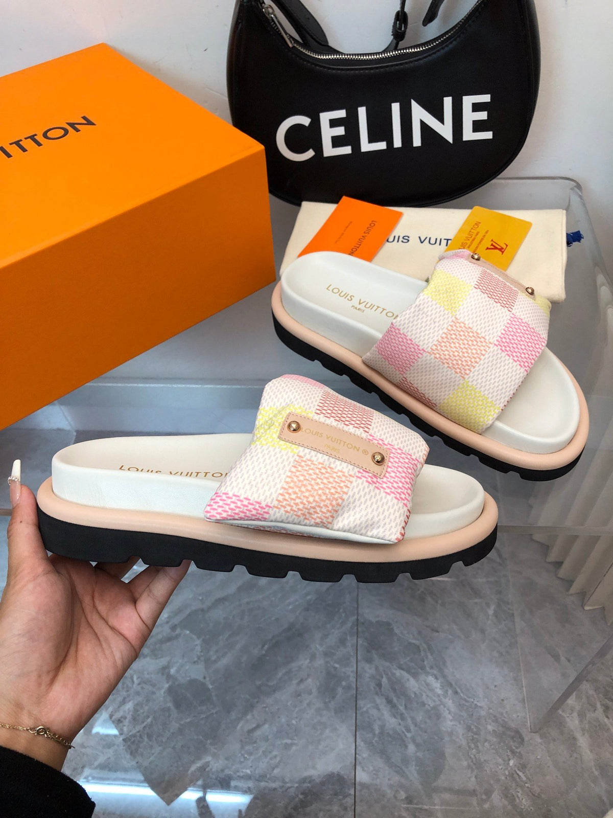 LV Women Pastel Checkered Fabric White Slide Sandals