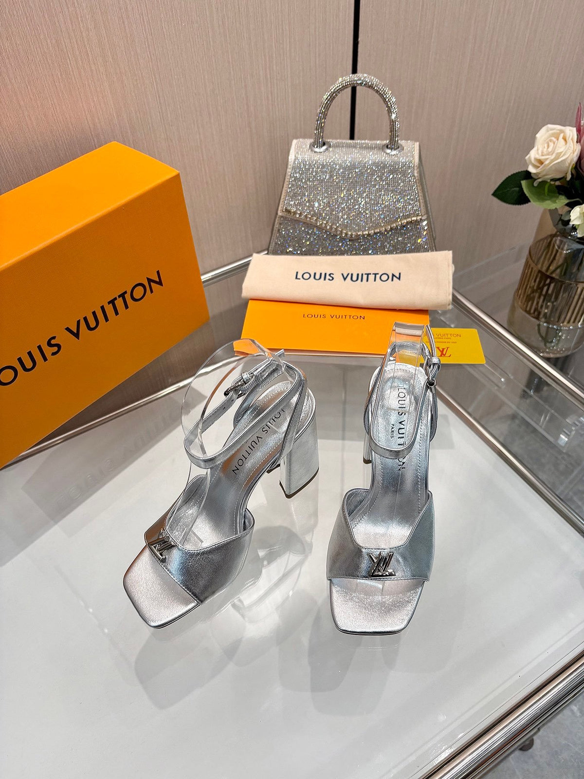 LV Women Silver Leather Heels
