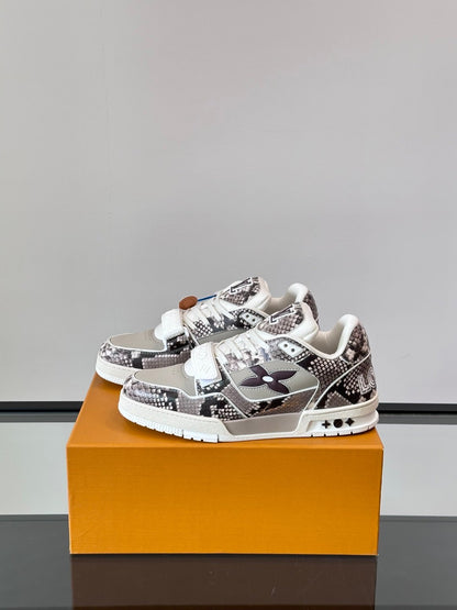 LV Men White And Gray Snakeskin Leather Sneakers