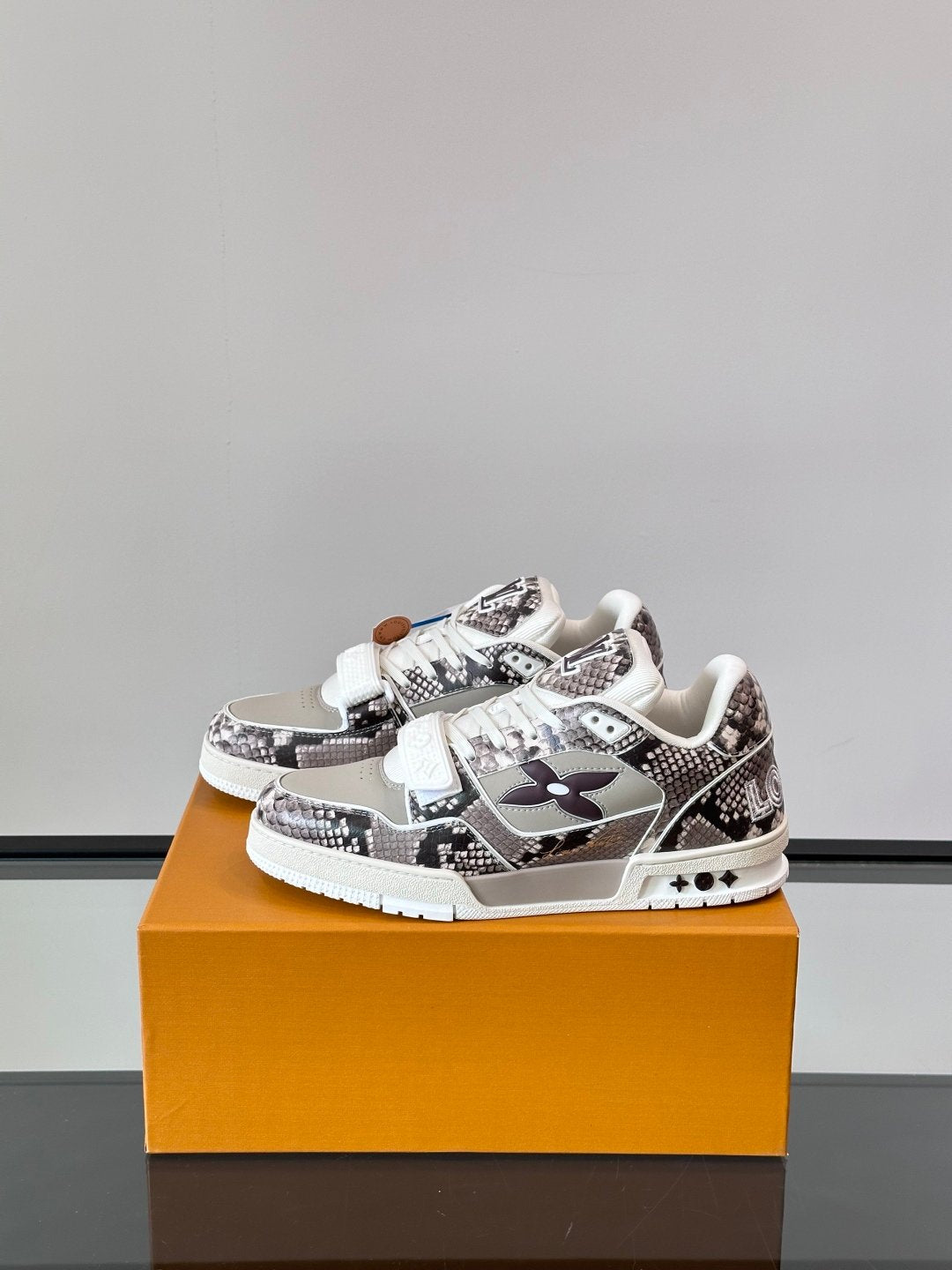 LV Men Grey Snake Print Leather Sneakers