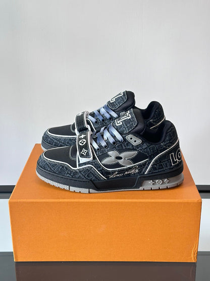 LV Men Black Fabric Leather Sneakers