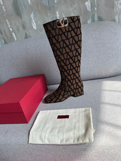 Valentino Women Brown Patterned Fabric Boots