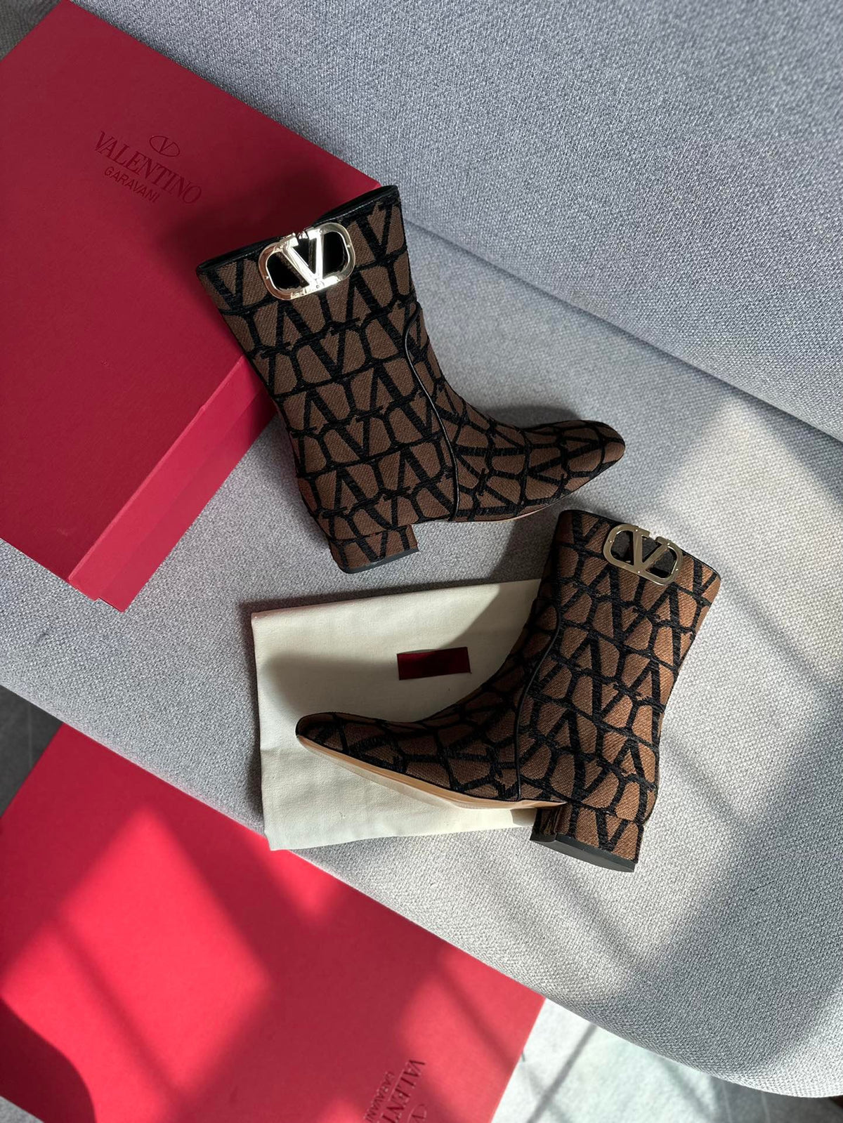 Valentino Women Brown Fabric Logo Pattern Boots