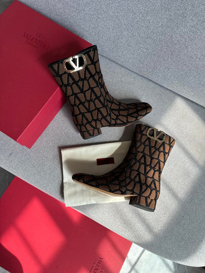 Valentino Women Brown Fabric Logo Pattern Boots