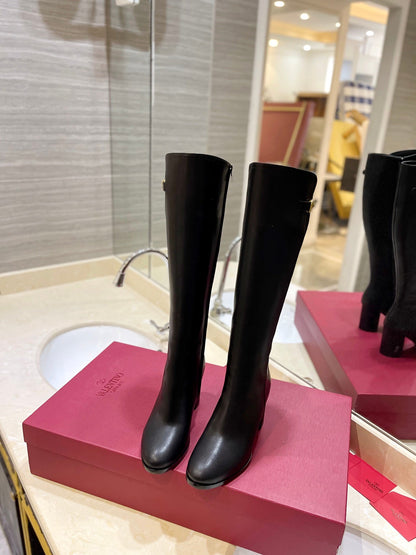 Valentino Women Black Leather Knee High Boots