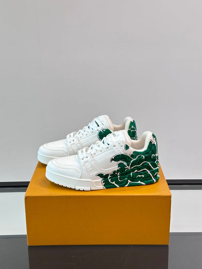 LV Men White Leather Sneakers With Green Graphic