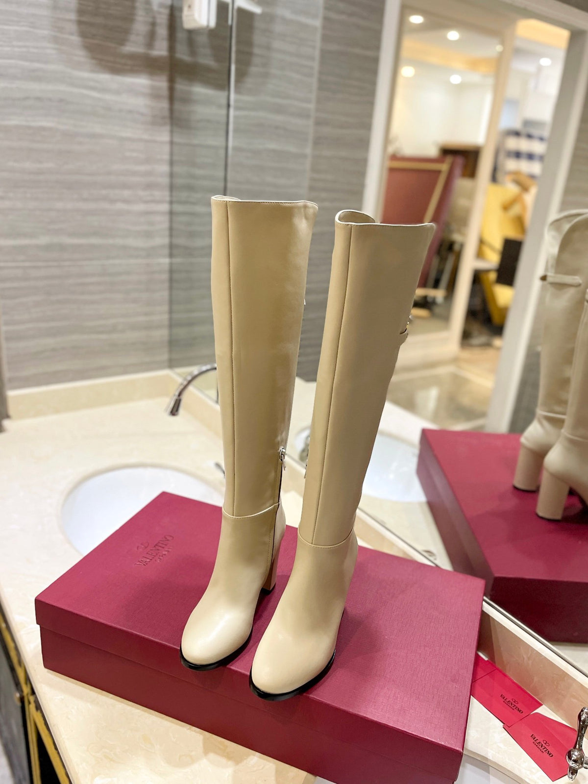 Valentino Women Beige Leather Knee High Boots