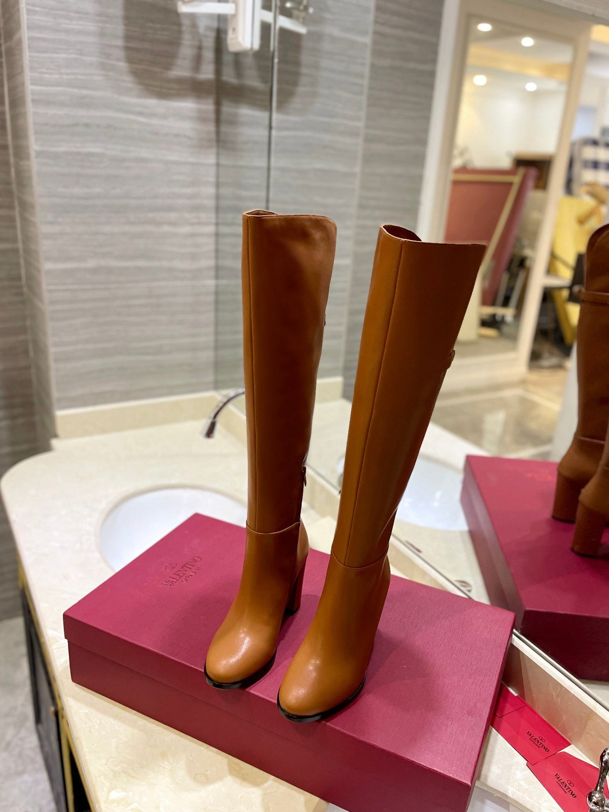 Valentino Women Tan Leather High Heel Boots