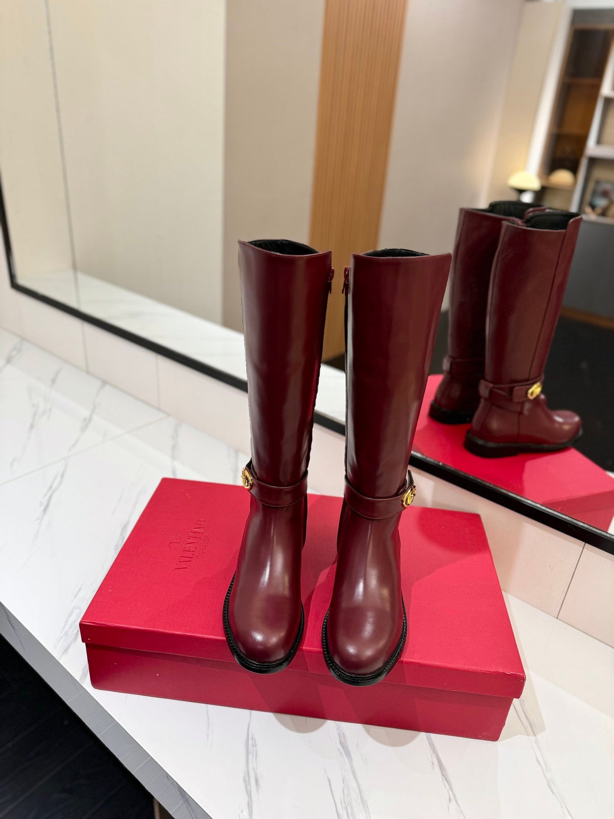 Valentino Women Burgundy Leather Knee High Boots
