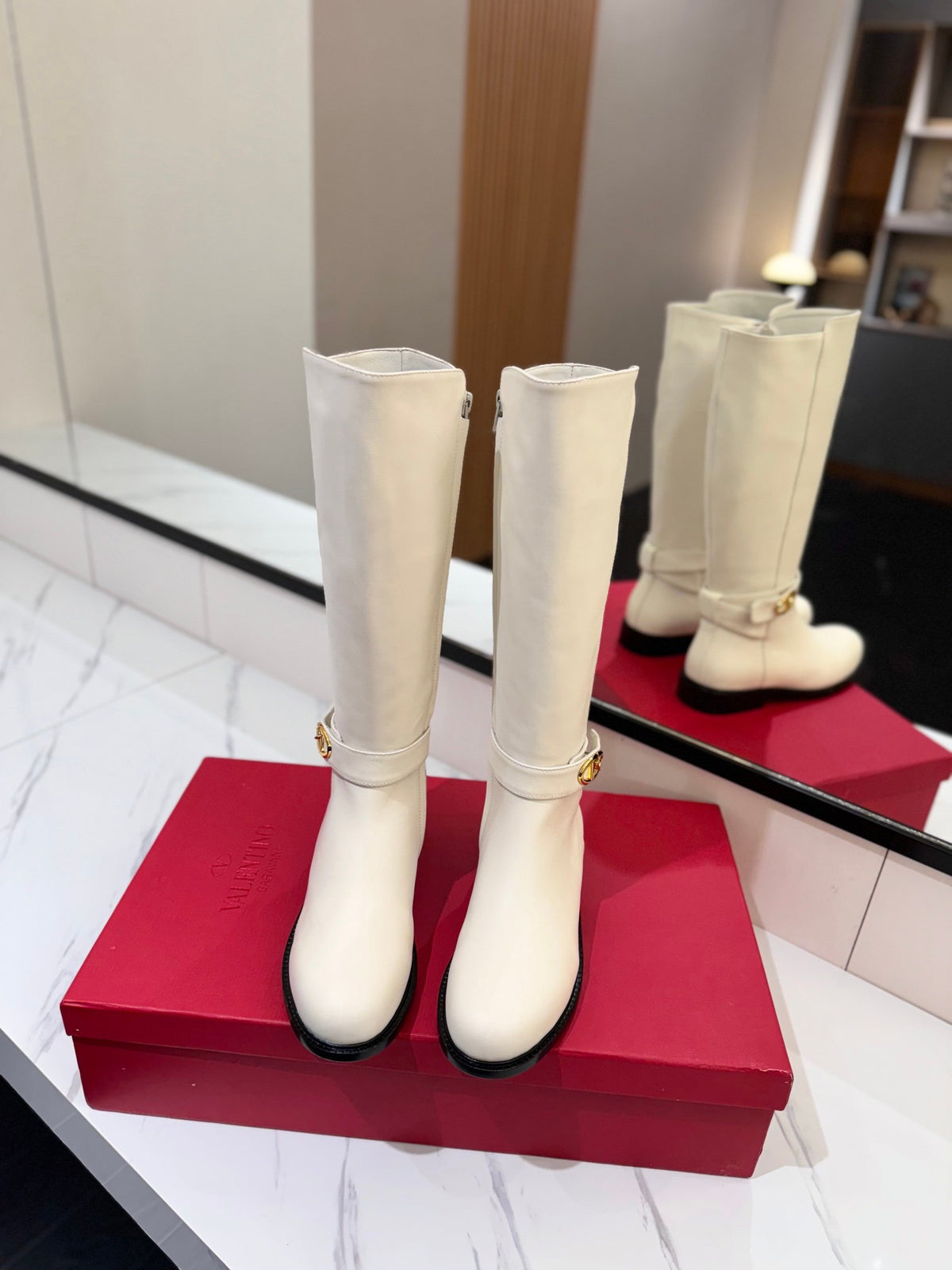 Valentino Women White Leather Knee High Boots