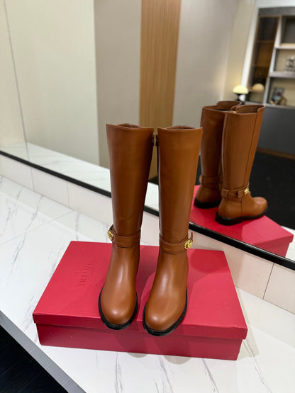 Valentino Women Brown Leather Knee High Boots