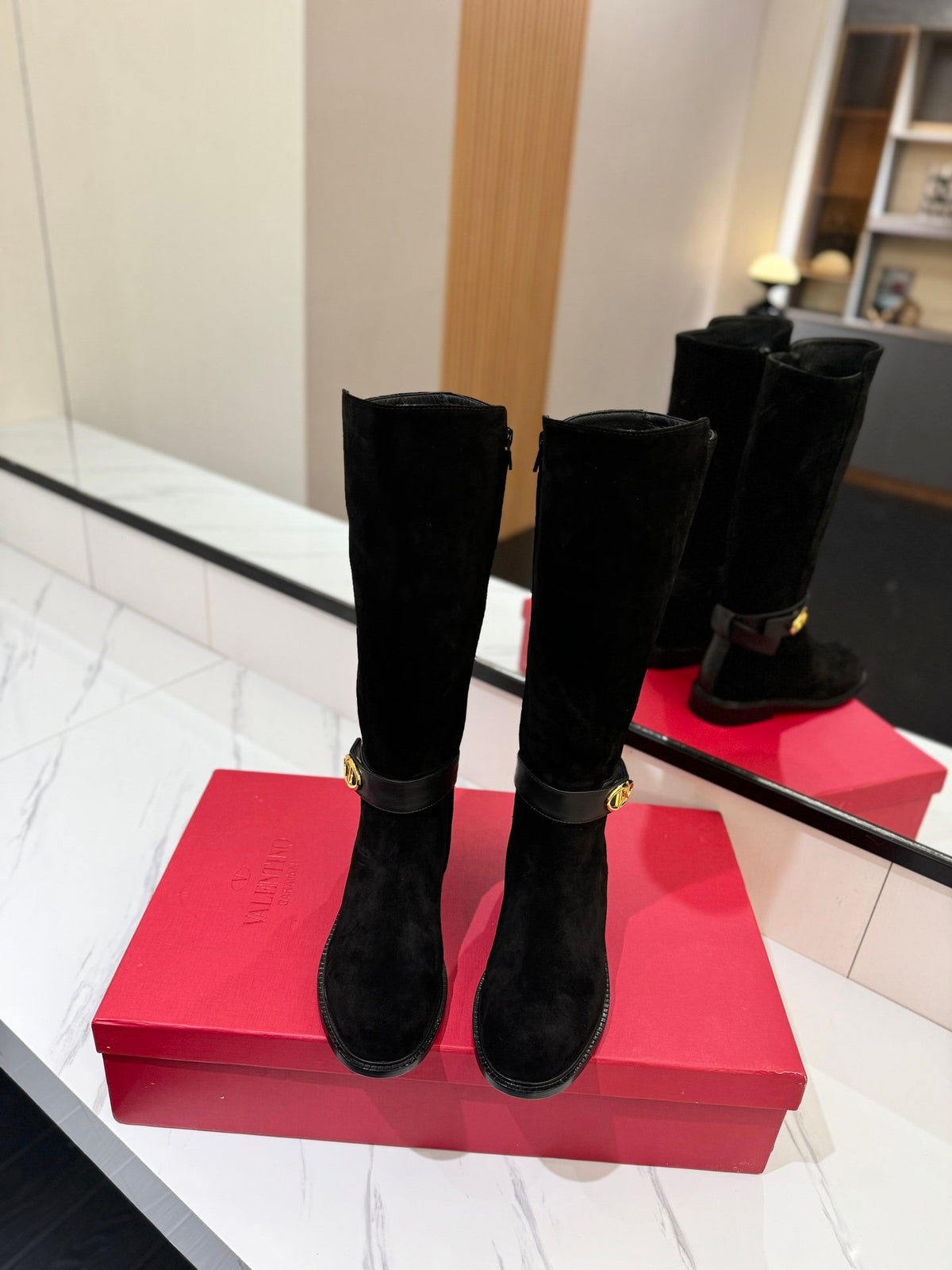 Valentino Women Black Suede Leather Strap Boots