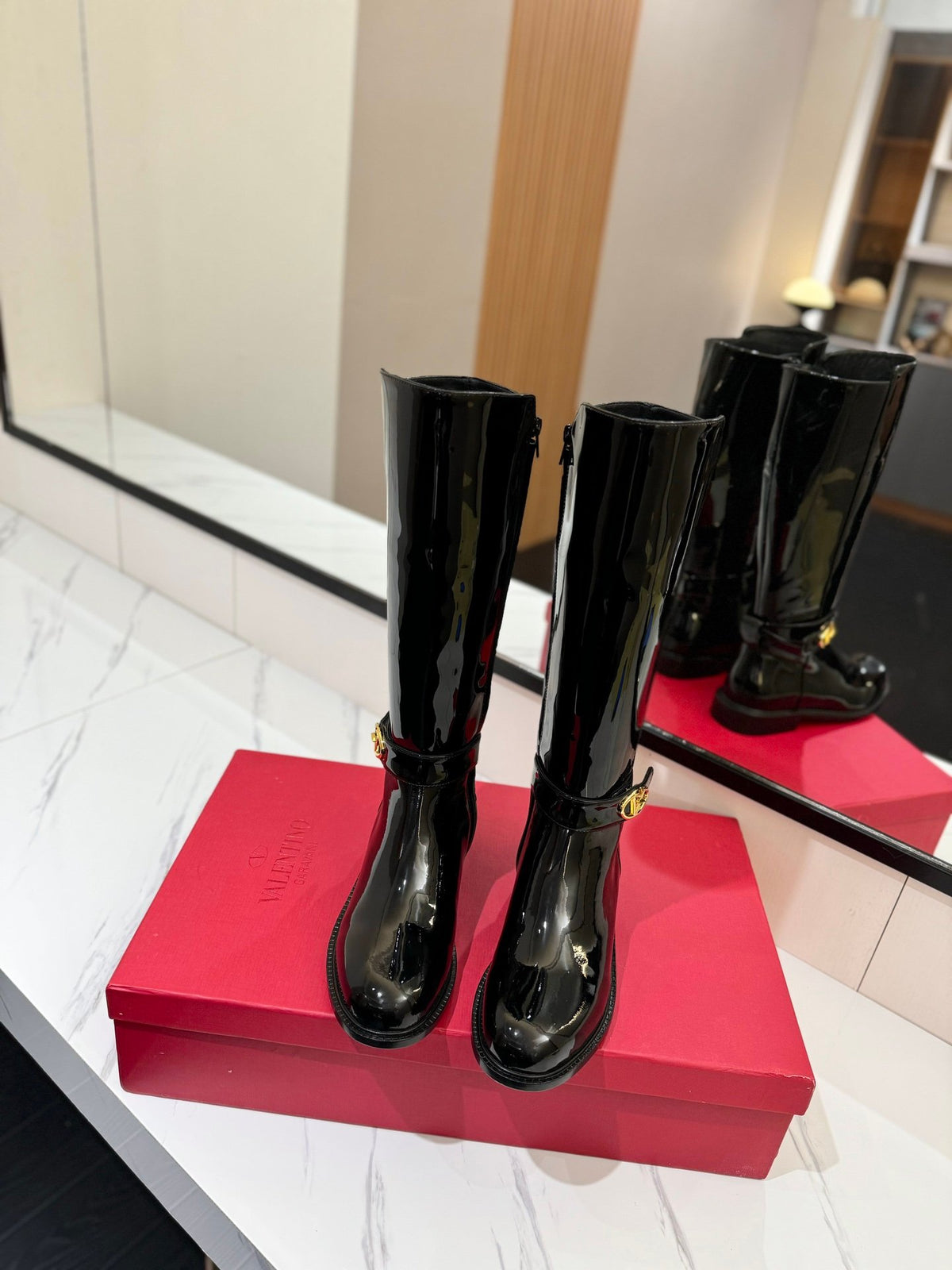 Valentino Women Black Patent Leather Tall Boots