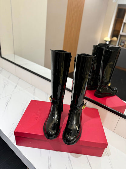 Valentino Women Black Patent Leather Tall Boots