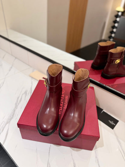Valentino Women Burgundy Leather Ankle Boots