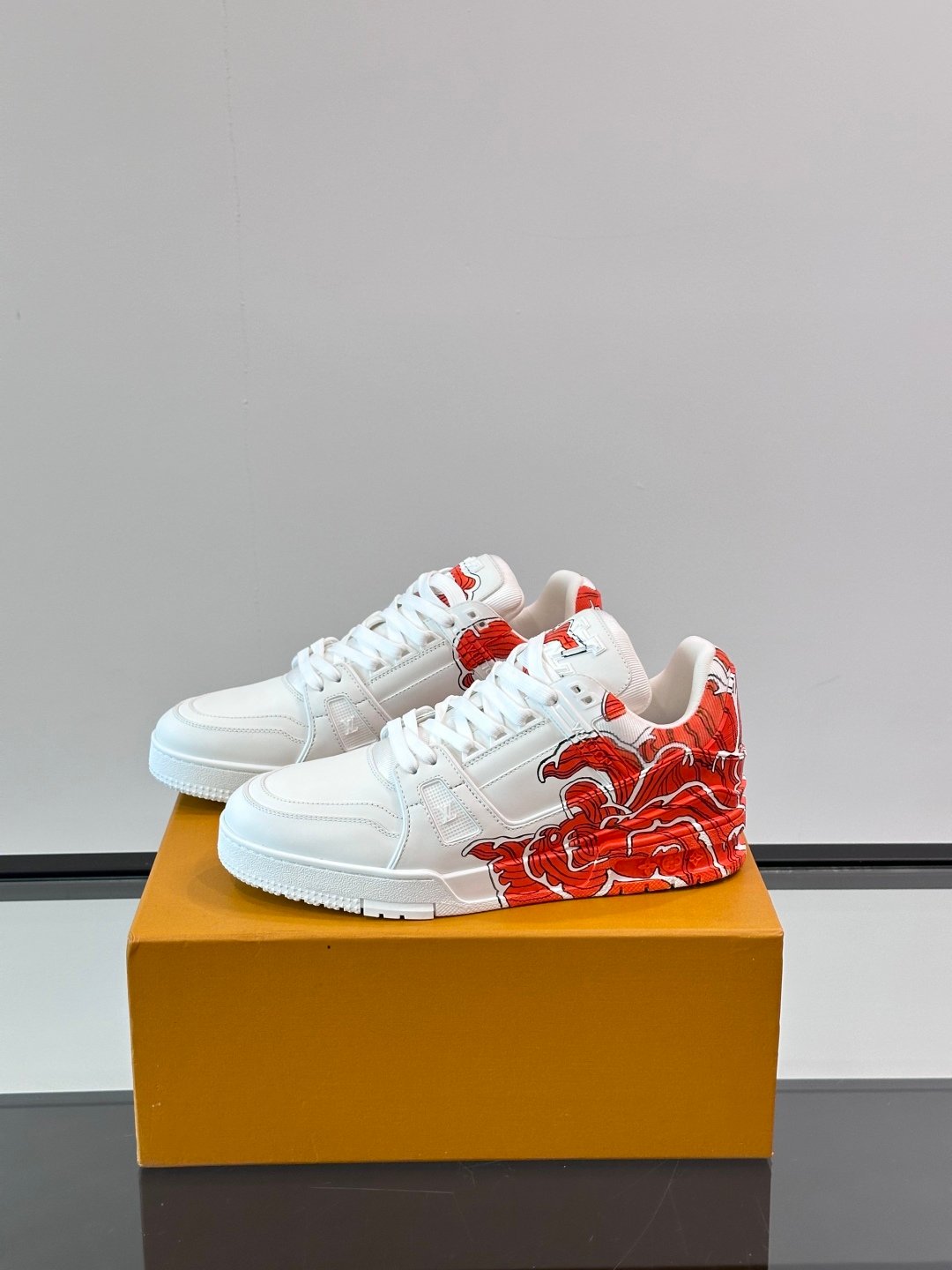 LV Men White Leather Sneakers With Red Floral Design