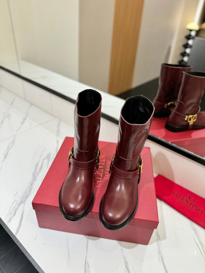 Valentino Women Burgundy Leather Mid-Calf Boots
