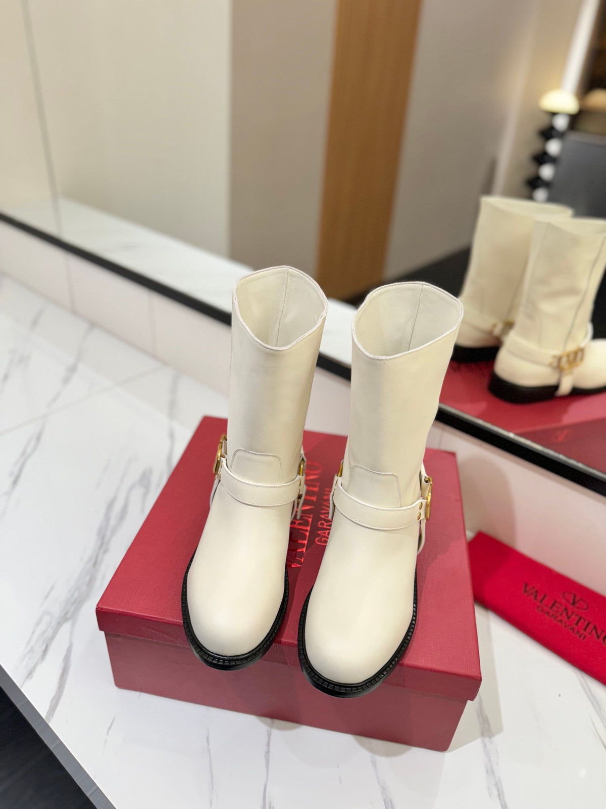 Valentino Women White Leather Mid-Calf Boots