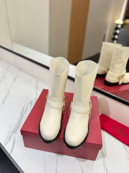 Valentino Women White Leather Mid-Calf Boots