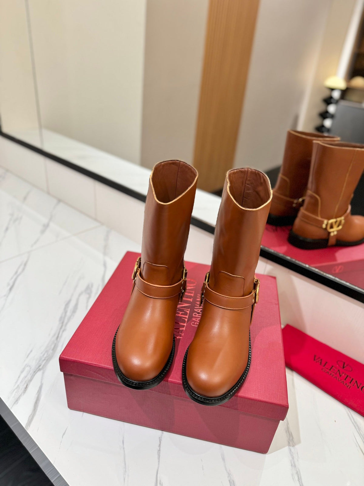 Valentino Women Brown Leather Mid-Calf Boots