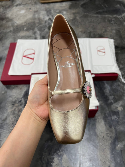 Valentino Women Gold Leather Embellished Flats