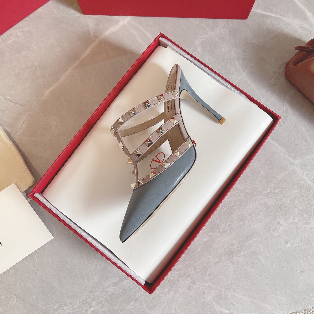 Valentino Women Blue Leather Studded Mules