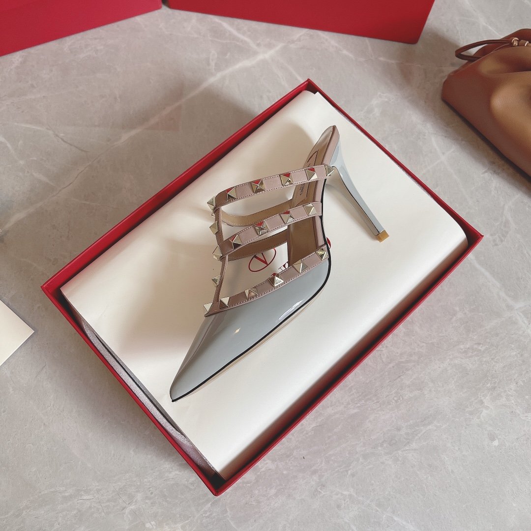 Valentino Women Light Blue Patent Leather Studded Mules